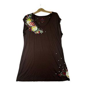 Johnny Was JW Los Angeles Floral Embroidered Mini Dress size Large Brown